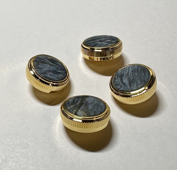 Gold plated finger buttons with wood insert - BLUE - set of four 